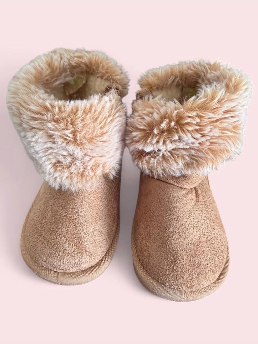 Cozy Faux-Fur Cuff Kids Slip-On Booties in Beige